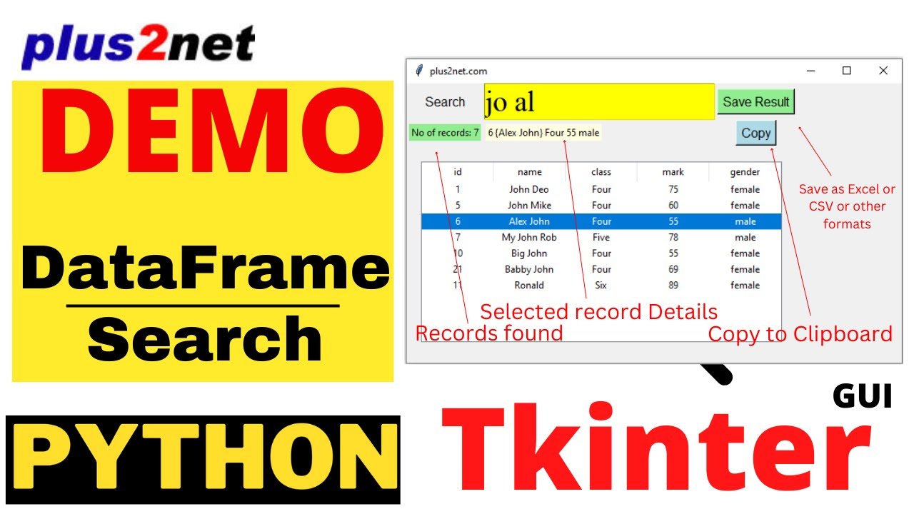 DEMO of Saving , copy to click board , selecting rows of filtered Treeview from DataFrame
