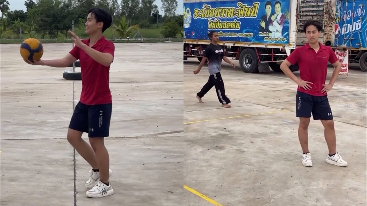 ออกกำลังกายยามเย็น “ต้าวหยอง”พี่ๆเล่นวอลเลย์บอลหลังบ้านพัก
