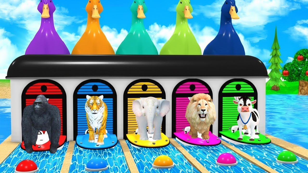 5 Giant Duck Cartoon,Cow,Elephant,Tiger,Lion,Dinosaur,Paint Wild Animals Crossing Fountain Animation