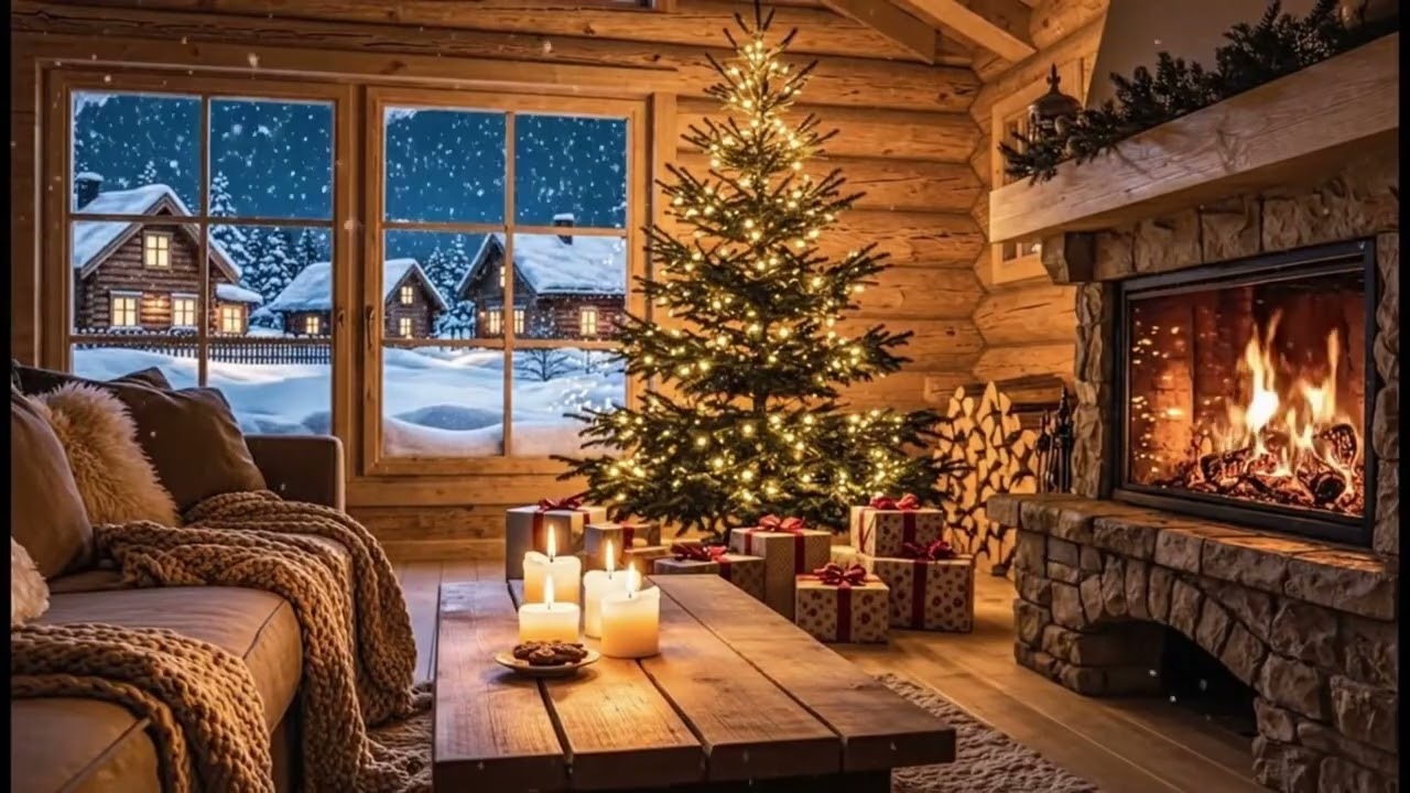 Cozy Christmas Night Cabin 🎄 Fireplace, Snowfall & Warm Lights | Relaxing Holiday Ambience