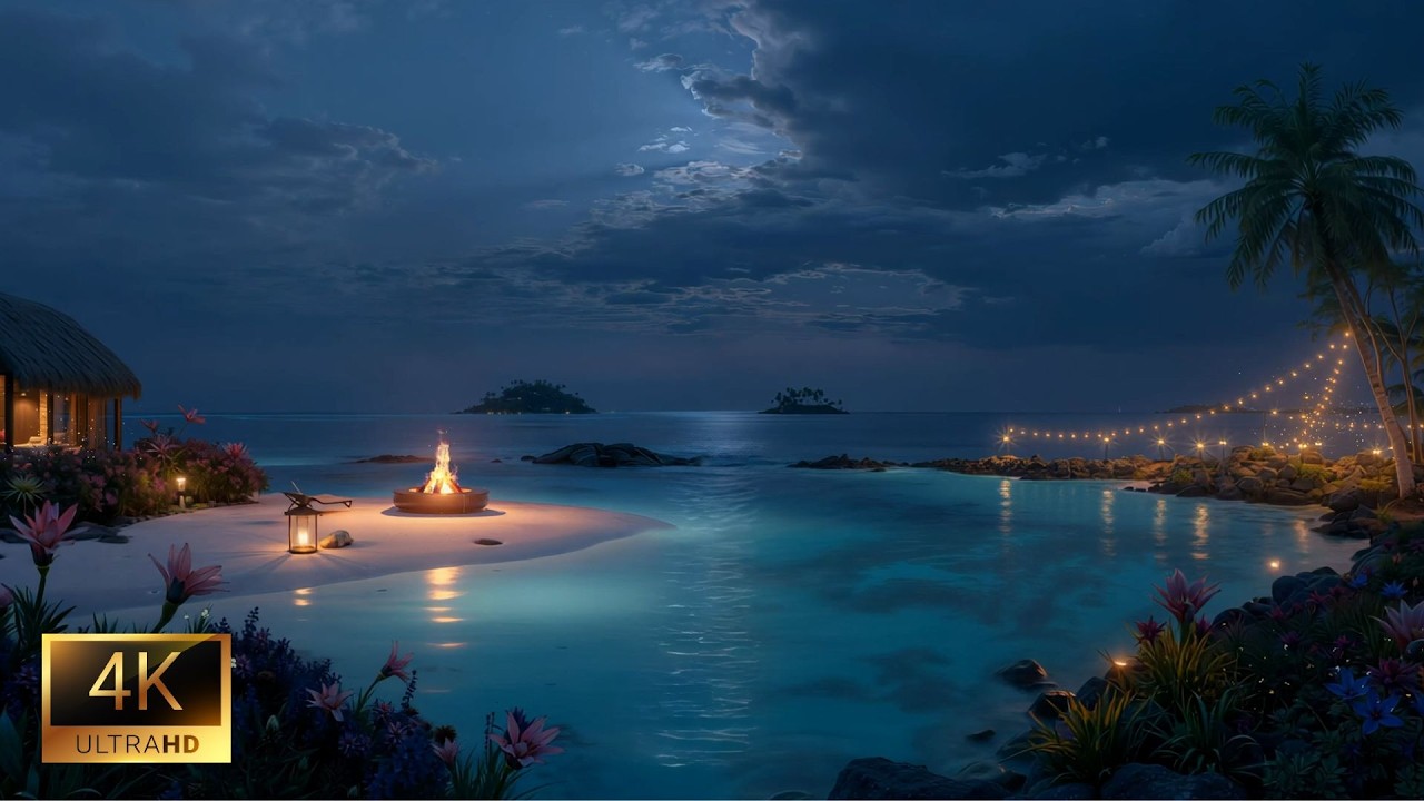 Peaceful Seaside Night • Cozy Fire & Wave Sounds for Relaxation