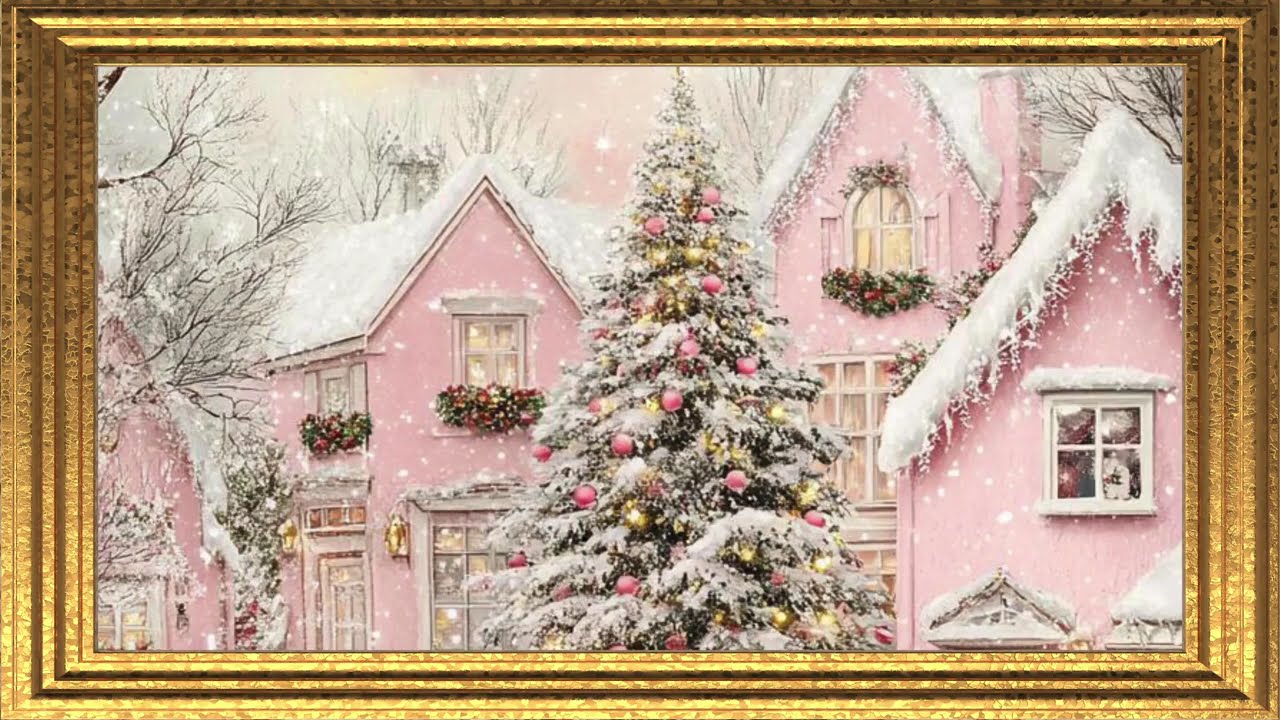 Pastel Pink Christmas Wonderland –Snowy Holiday Magic | 3Hours Screensaver with Golden Frame