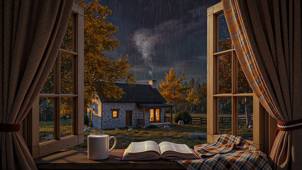 Autumn Rainy Night 🌙 Cozy Cabin Window Ambience with Jazz Piano for Reading, Relax & Sleep
