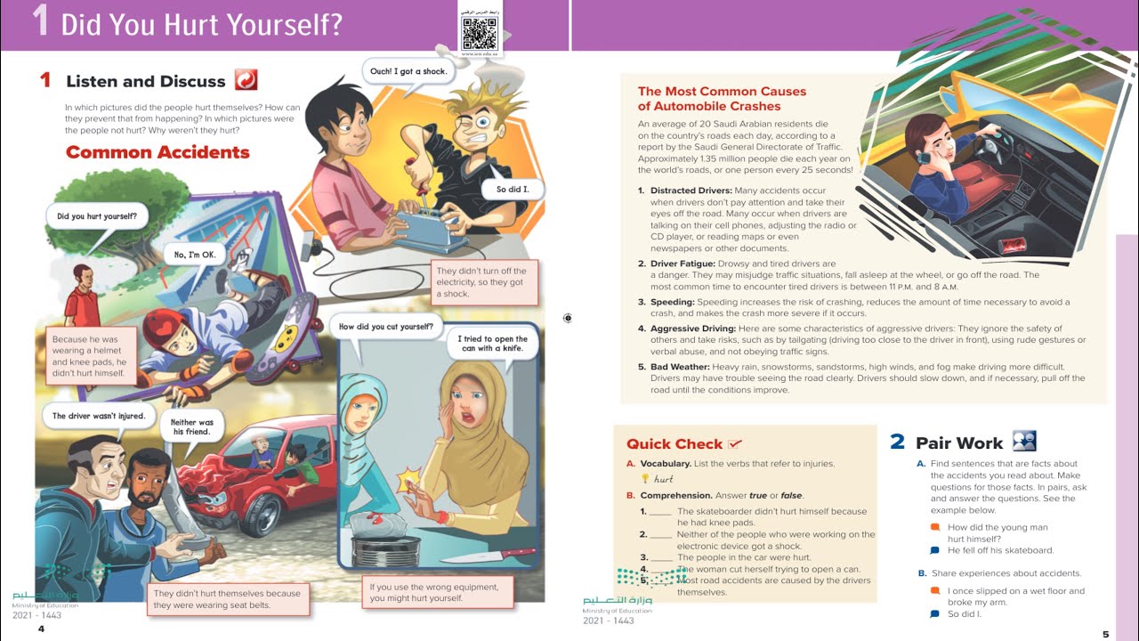 شرح إنجليزي أول ثانوي Mega goal1-الوحدة الخامسة Did you hurt yourself-Listen and discuss الفصل الأول