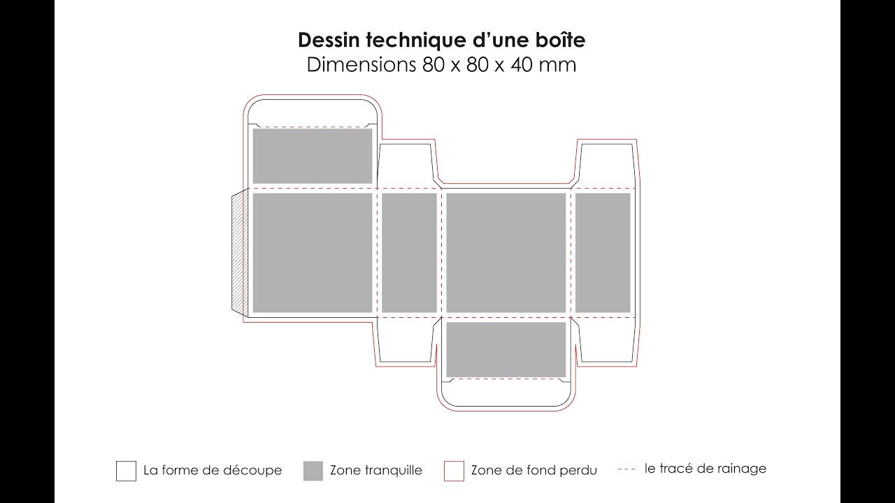 Packaging : Dessin technique d'une boite ( Dimensions 80 x 80 x 40 mm)