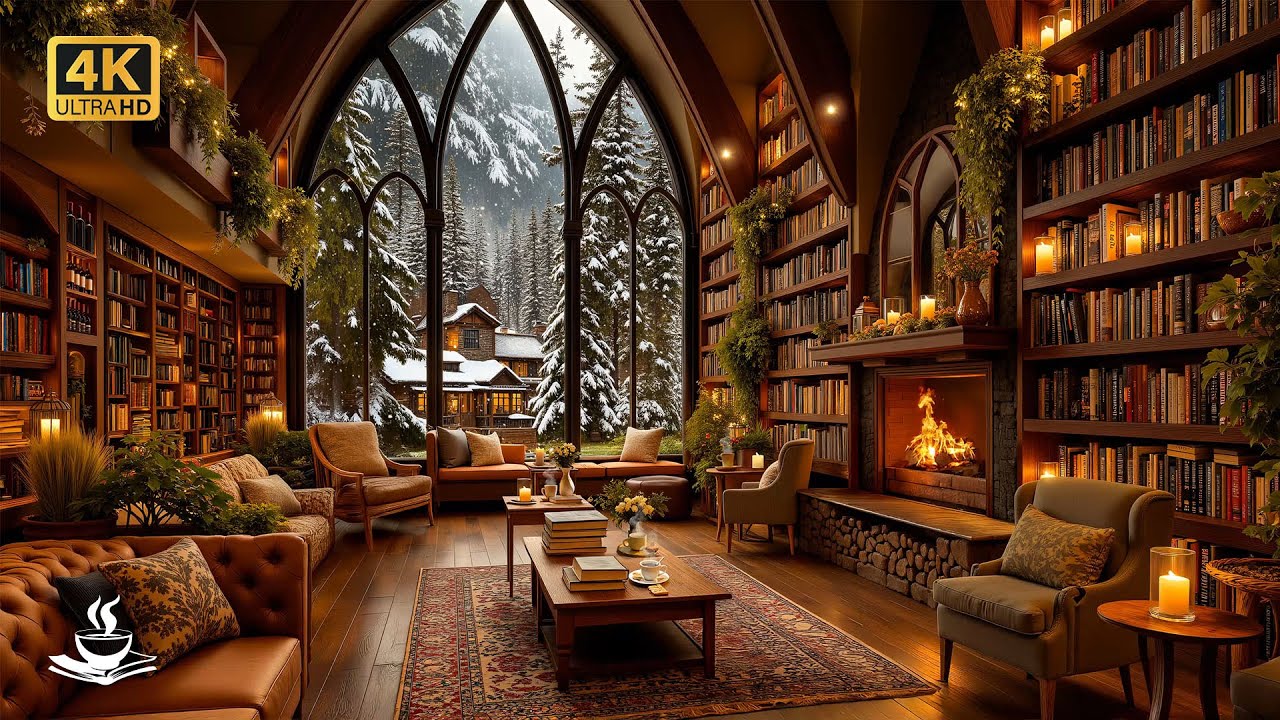 Cozy Fireplace Jazz in a Winter Library ❄️ Smooth Jazz Background Music for Reading & Study