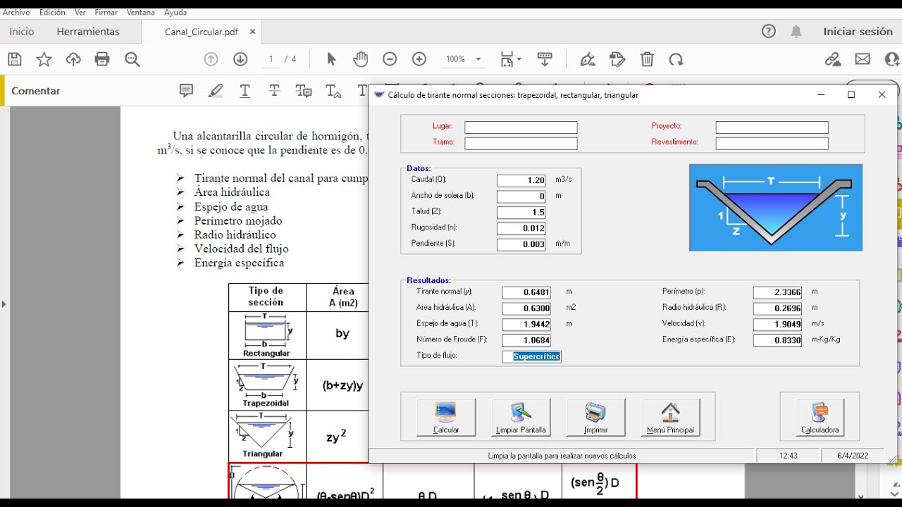 Cálculo del tirante normal en canal triangular