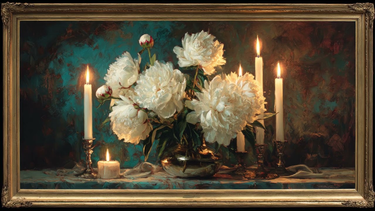 Oil Painting of White Peonies & Candles | Romantic Vintage Art | TV Frame Art | Relaxing Background