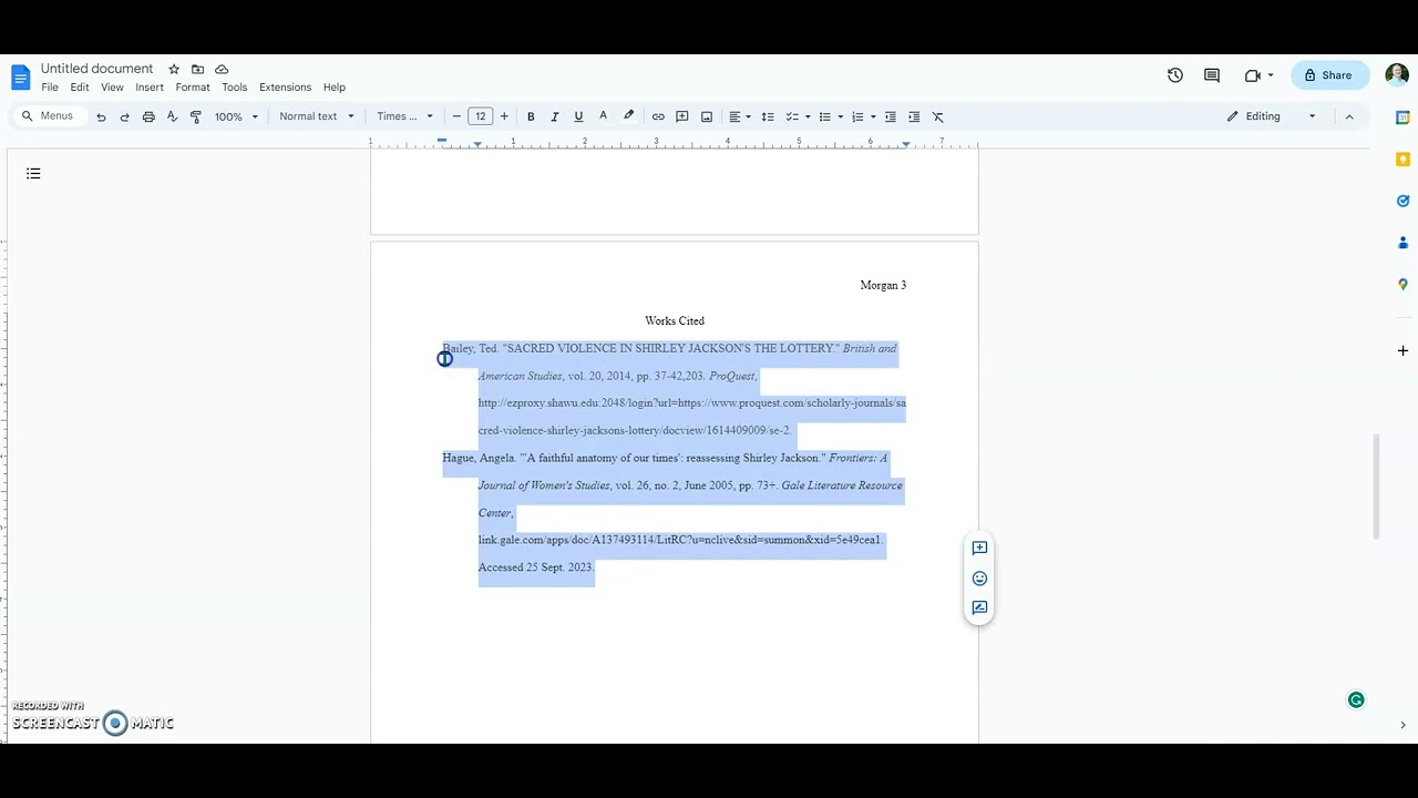 Работы MLA цитируются с использованием Google Docs 2023