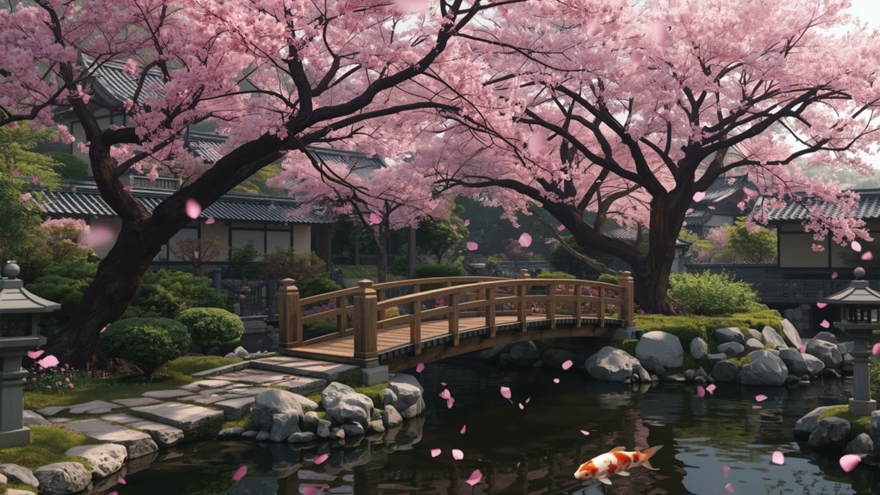 Peaceful Japanese Cherry Blossom Garden Sakura Bridge & Koi Pond | Relaxing 4K Nature Screensaver