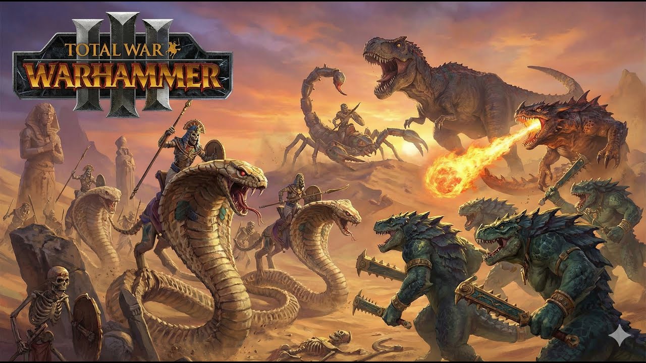 《Total War: Warhammer 3》古墓王蛇騎獵殺秀！死城騎士完剋克洛希哥 雙刀骷髏斬穿蜥蜴人步兵線