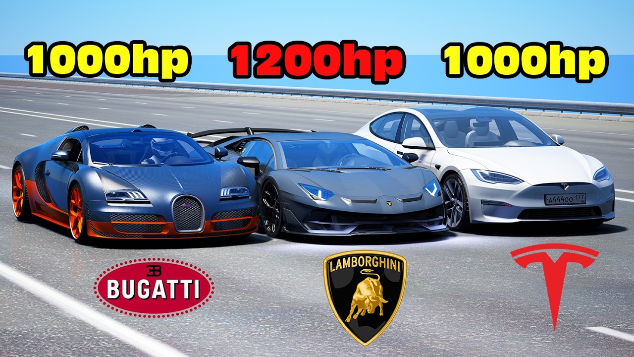 1200HP Aventador SVJ vs Bugatti Veyron vs Tesla Plaid DRAG RACE