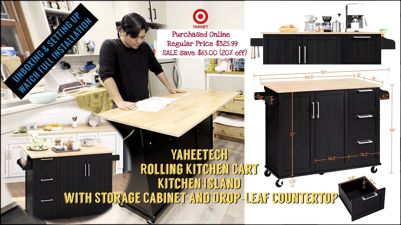 Rolling Kitchen Cart with Storage Cabinet and Drop-Leaf Countertop | Unboxing and Setting Up