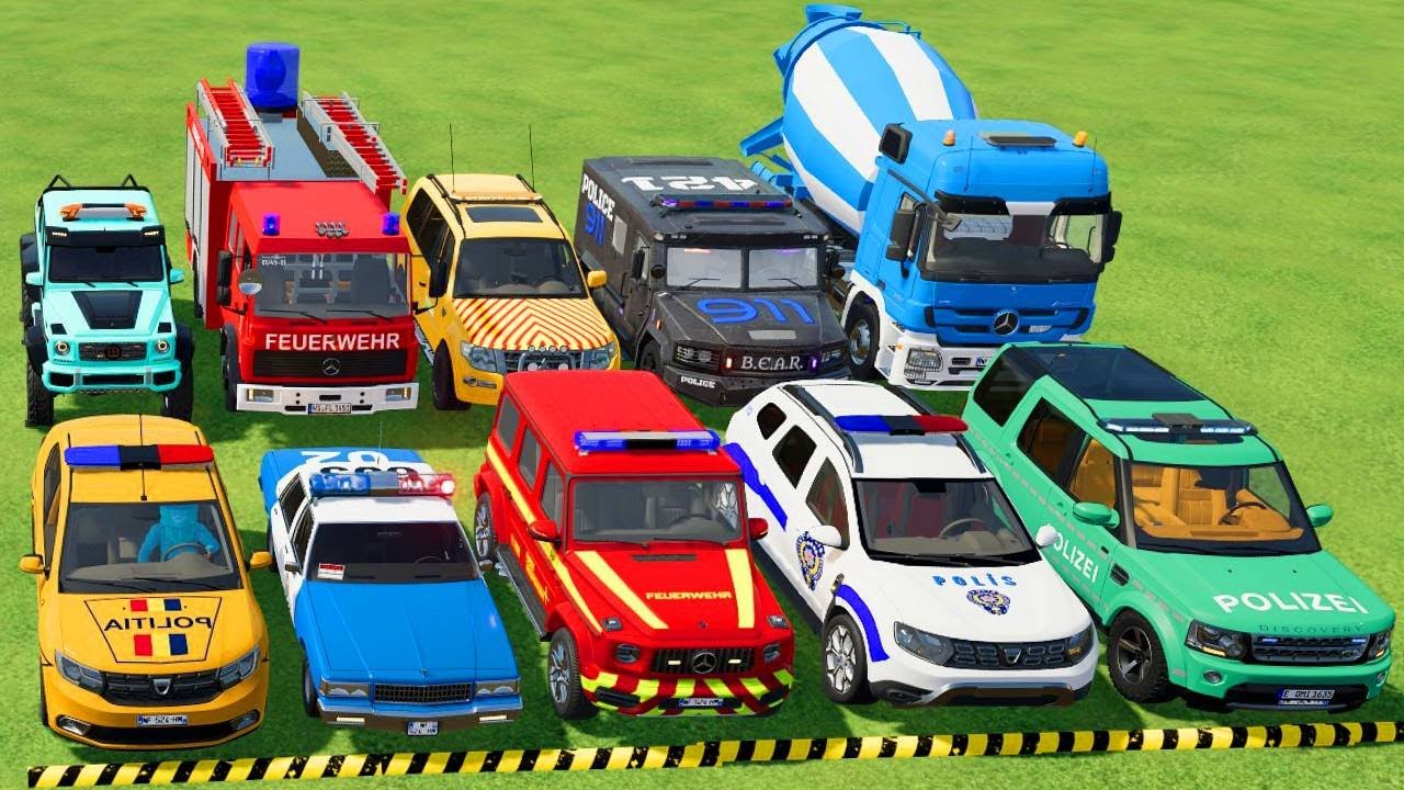 TRANSPORTING POLICE CARS, AMBULANCE, FIRE TRUCK, COLORFUL CARS WITH TRUCK -FARMING SIMULATOR 22!