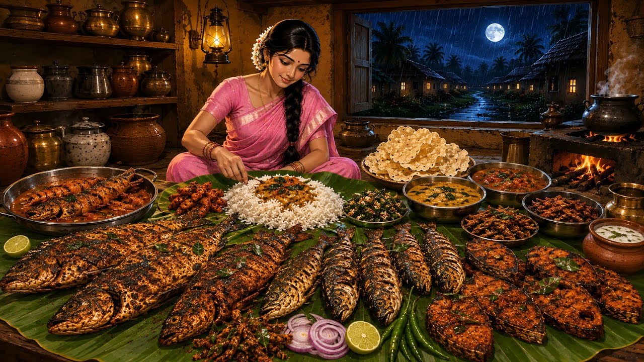A Peaceful Rainy Day in 1990s Indian Village 🌧️ | Mother Cooking Fish Curry & Fish Fry | ASMR Sounds