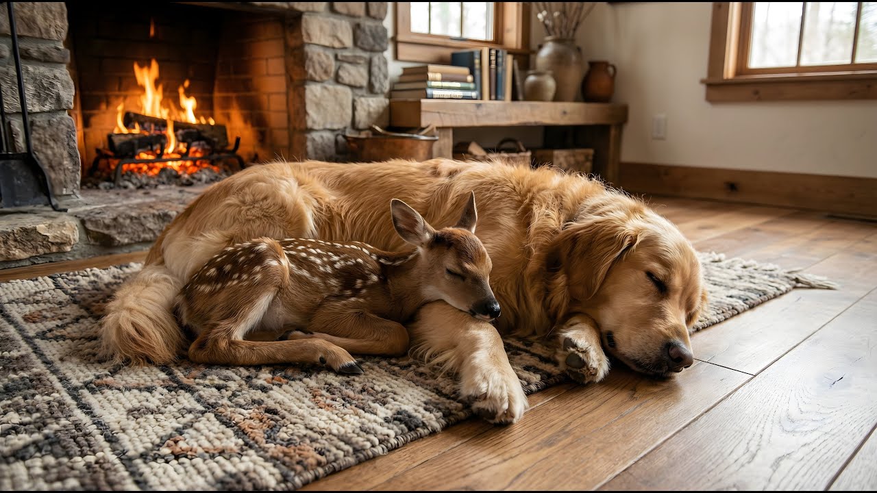 Cozy Fireplace Ambience Sleeping Dog & Baby Deer | Crackling Fire Sounds for Sleep & Relaxation
