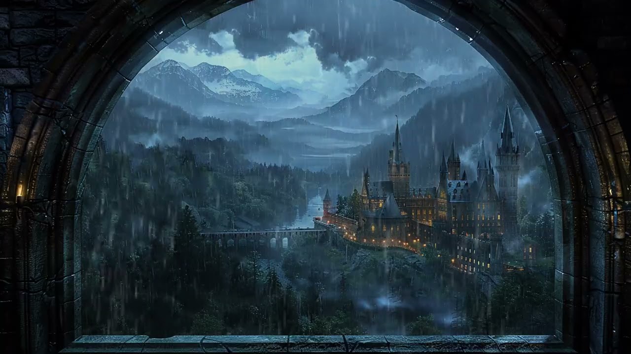 Filmische Regenatmosphäre an einem Schloss tief im skandinavischen Wald für Schlaf