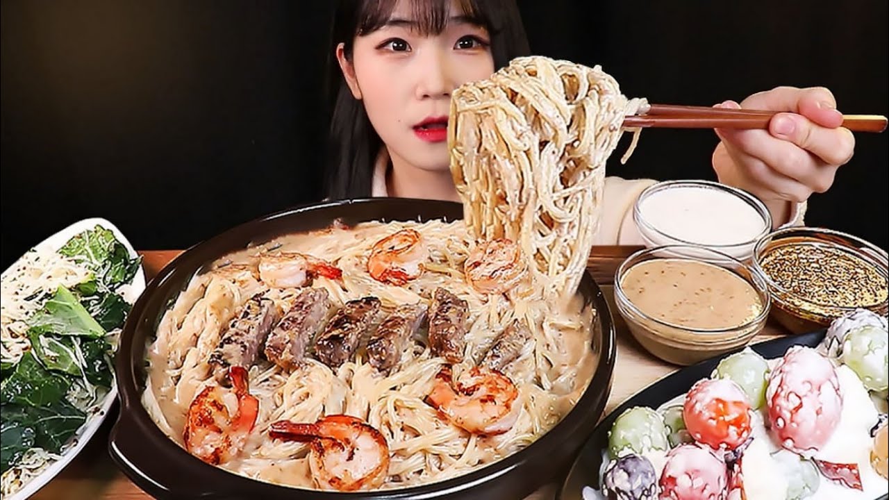 꾸덕꾸덕한 참깨 드레싱으로 만든 크림 파스타먹방 | 쉬림프 스테이크 파스타 먹방 | pasta & beef steak REAL SOUNDㅣ ASMR MUKBANG