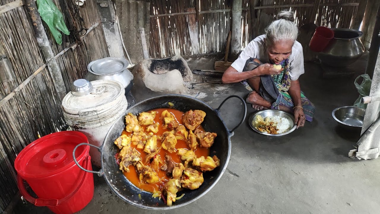 Very poor GRANDMOTHER cooking & eating chicken recipes | DIFFERENT STYLE chicken cooking recipe