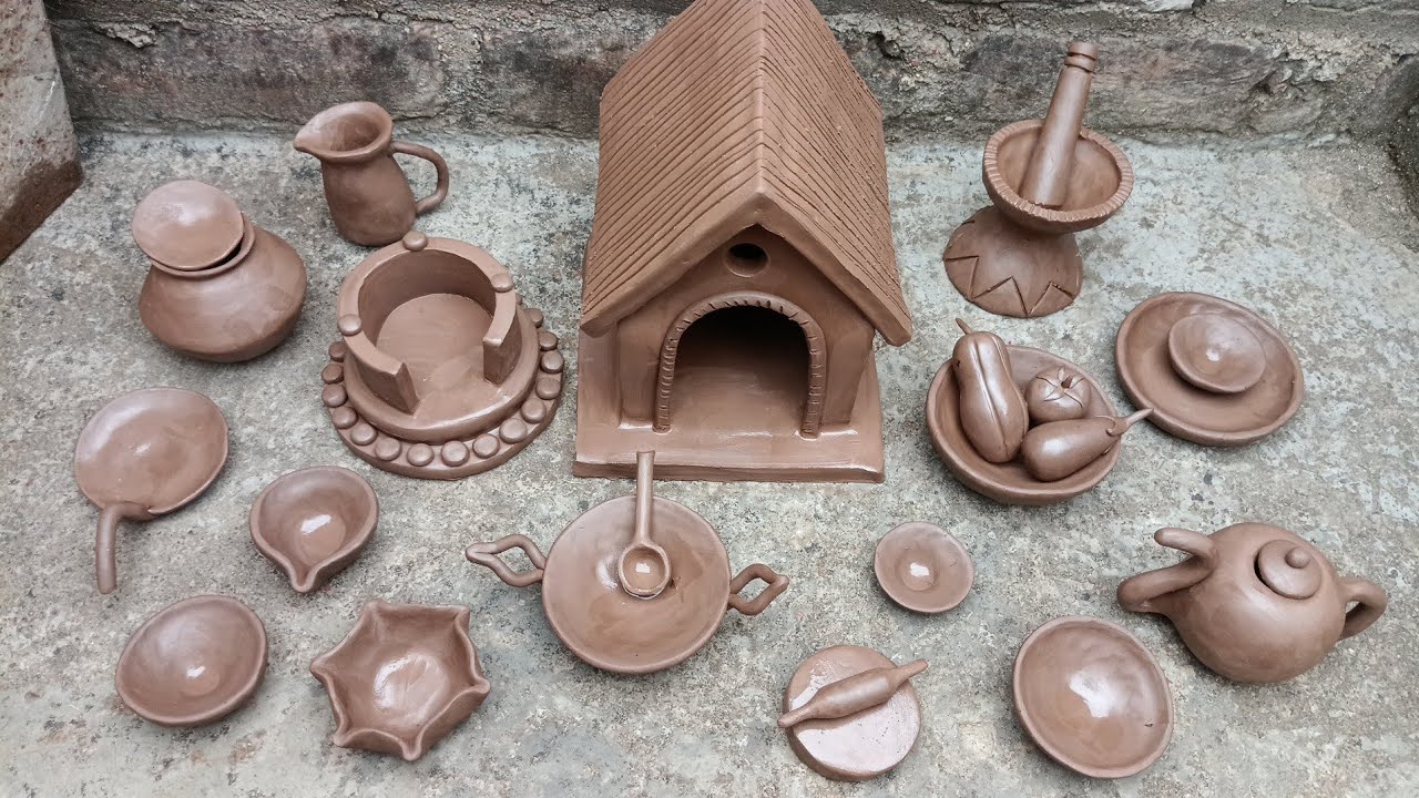 DIY village style clay house with mini kitchen set & chulha मिट्टी के खिलौने कैसेबनाएं polymer clay