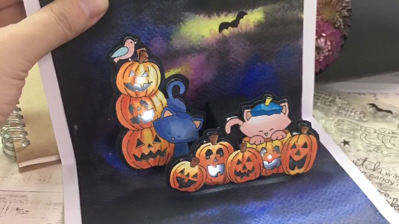 Helloween light-up and pop-up card using chibitronics and Newton's nook