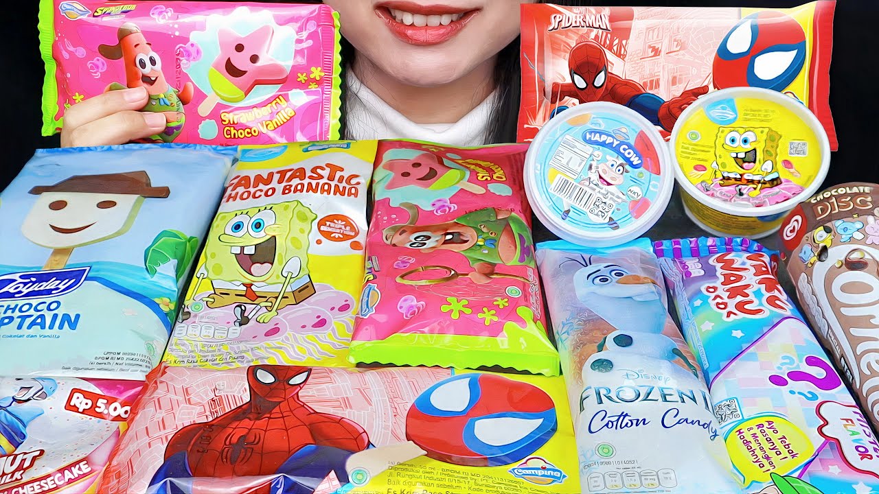 ASMR ES KRIM KARAKTER 😱 SPONGEBOB, PATRICK, SPIDERMAN, CHOCO CAPTAIN, FROZEN, BT21, HAPPY COW