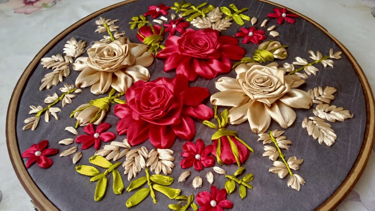 Ribbon Embroidery|Ribbon Work On Cushion Covers|Ribbon Rose Tutorial|Ribbon Work Tutorial|DIY Flower