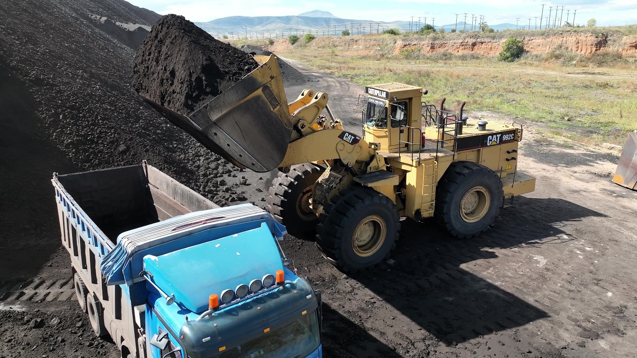 Amazing Cat 992C Wheel Loader Loading Coal On Trucks, Operator (POV), & Drone - 4k - S.G.M Melidis