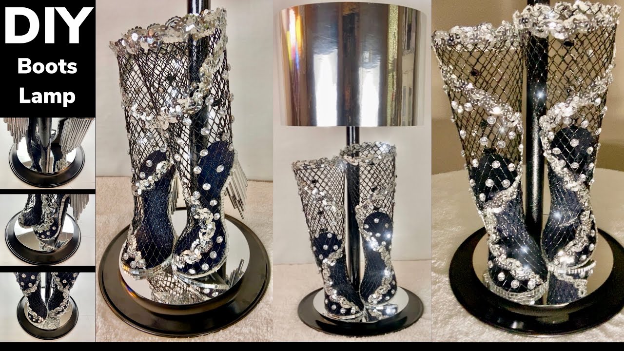 DIY Glam Vintage High Stiletto Boots Table Lamp | Using Dollar Tree Wire Baskets | Home Decor 2021