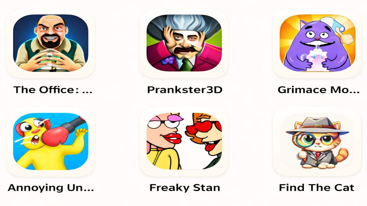Grimac Monster Scary Survival, Prankster 3D, Annoying Uncle Punch Game, Freaky Stan, The Office Boss