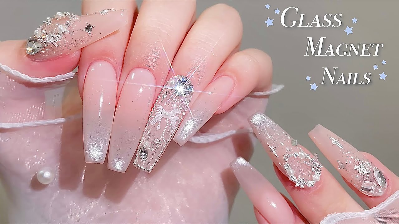 sub) Магнитные ногти со стеклянными бусинами!🎀💖/🇰🇷Корейские ногти / Наращивание полукончиками!