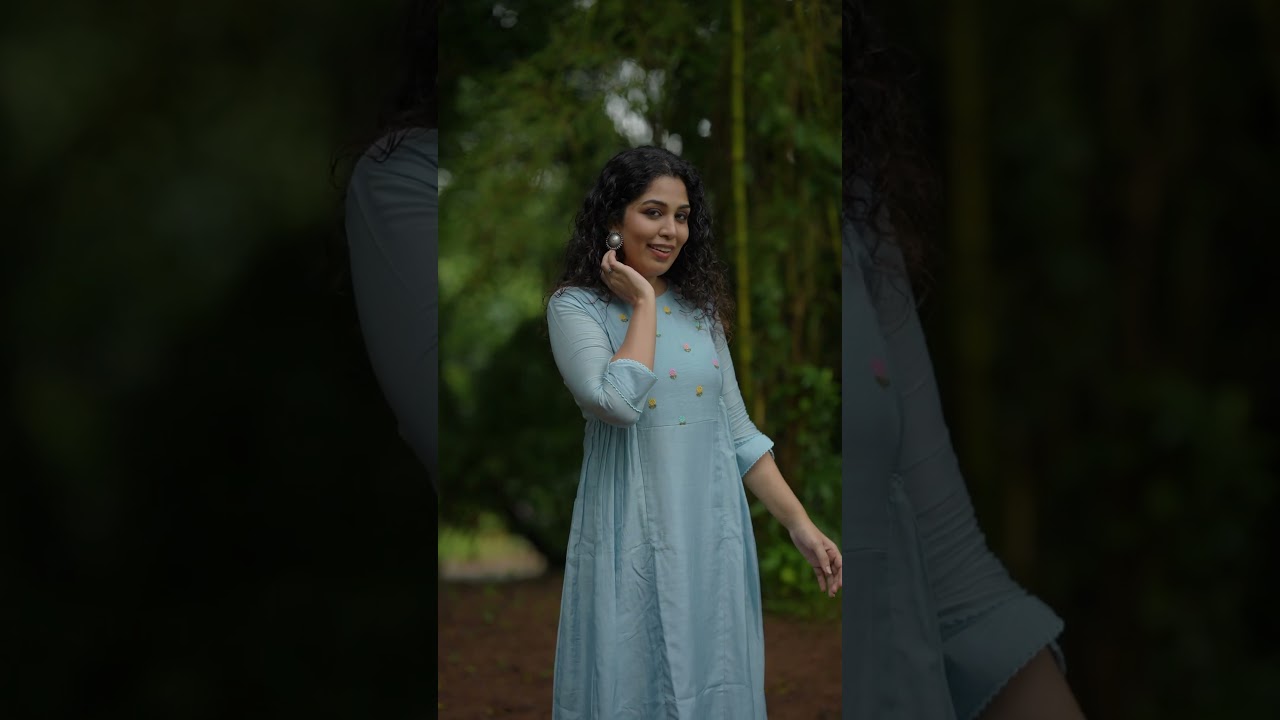 Pure viscose mul chanderi kurti/dress with thread embroidery yoke and side gathers in powder blue