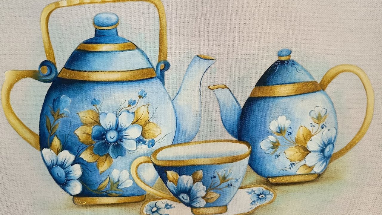 Como Pintar Bule e Xicara Porcelana Azul em Pano de Prato- Café com arte #195