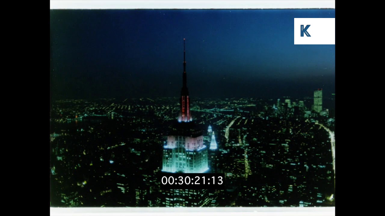 1980s New York Aerials, Skyline at Night, HD from 35mm