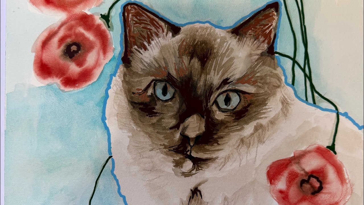 Watercolor painting siamese kitty