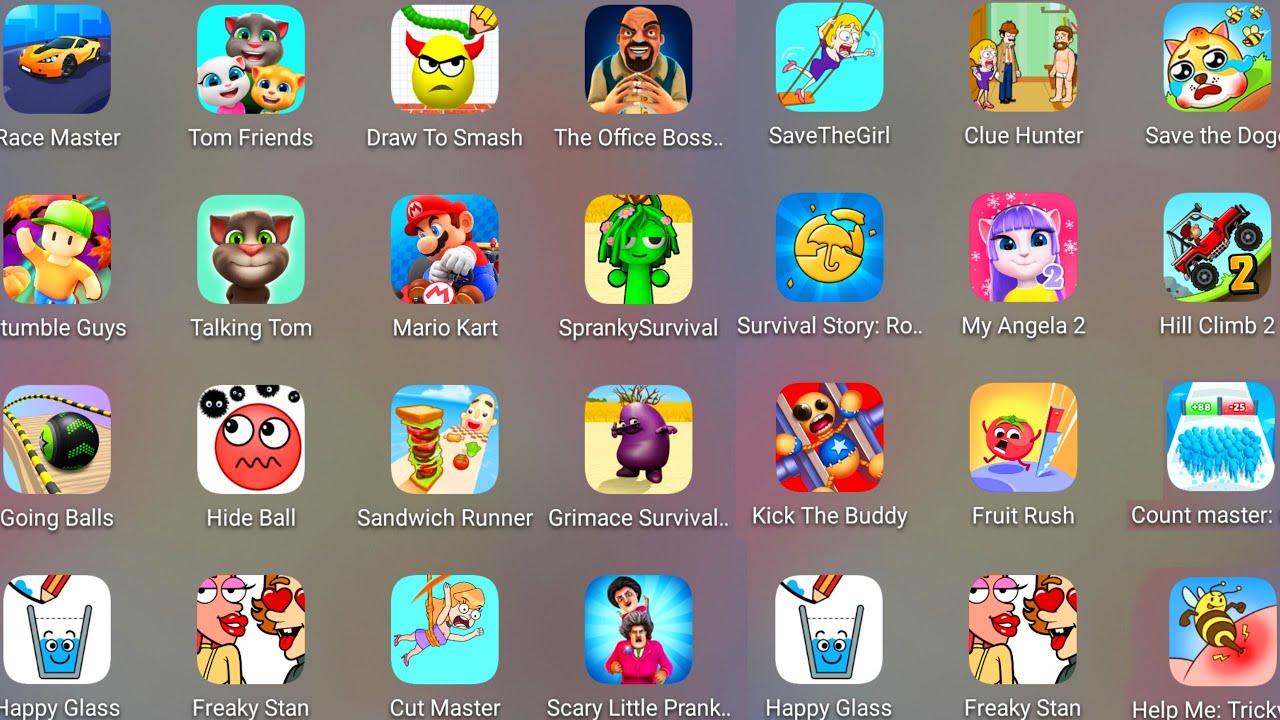 Help Me Tricky Puzzle,Hide Ball,Freaky Stan,Going Balls,Talking Tom,Fruit Rush,Count Master 3D......