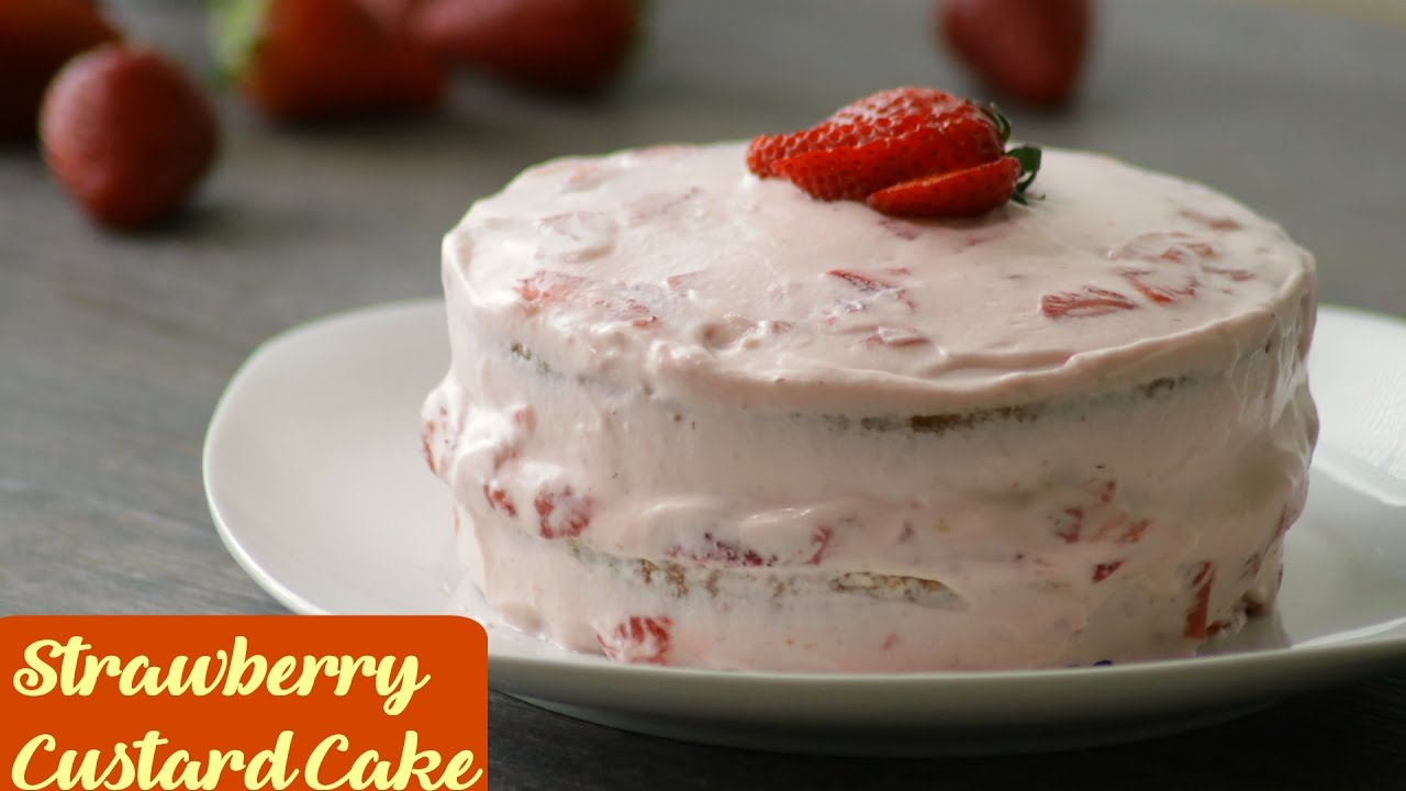 Eggless Custard Cake with Strawberry Cream Frosting