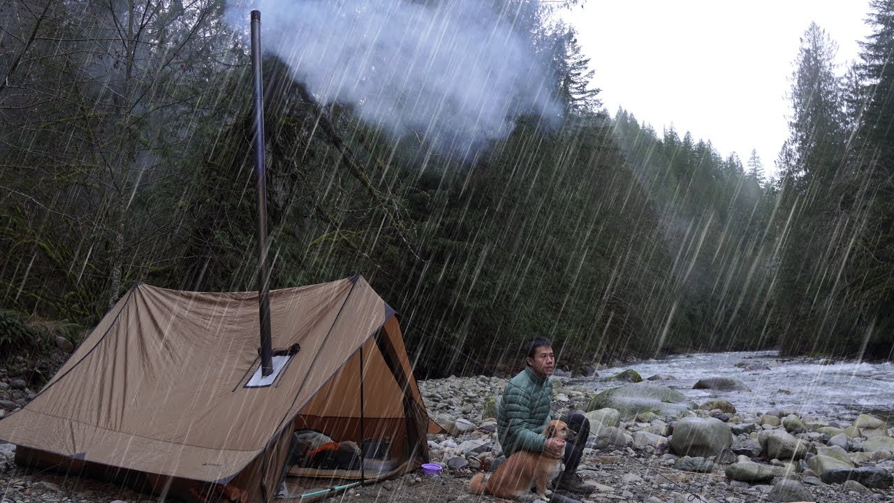 Camping in Heavy Rain by a River with my Dog - Spanish Paella | River and Rain ASMR
