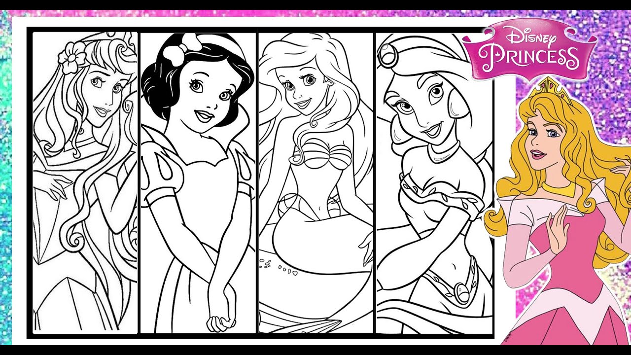 Disney Princess Group TOGETHER Coloring Page COLORING ARIEL JASMINE AURORA & SNOW WHITE - In Markers