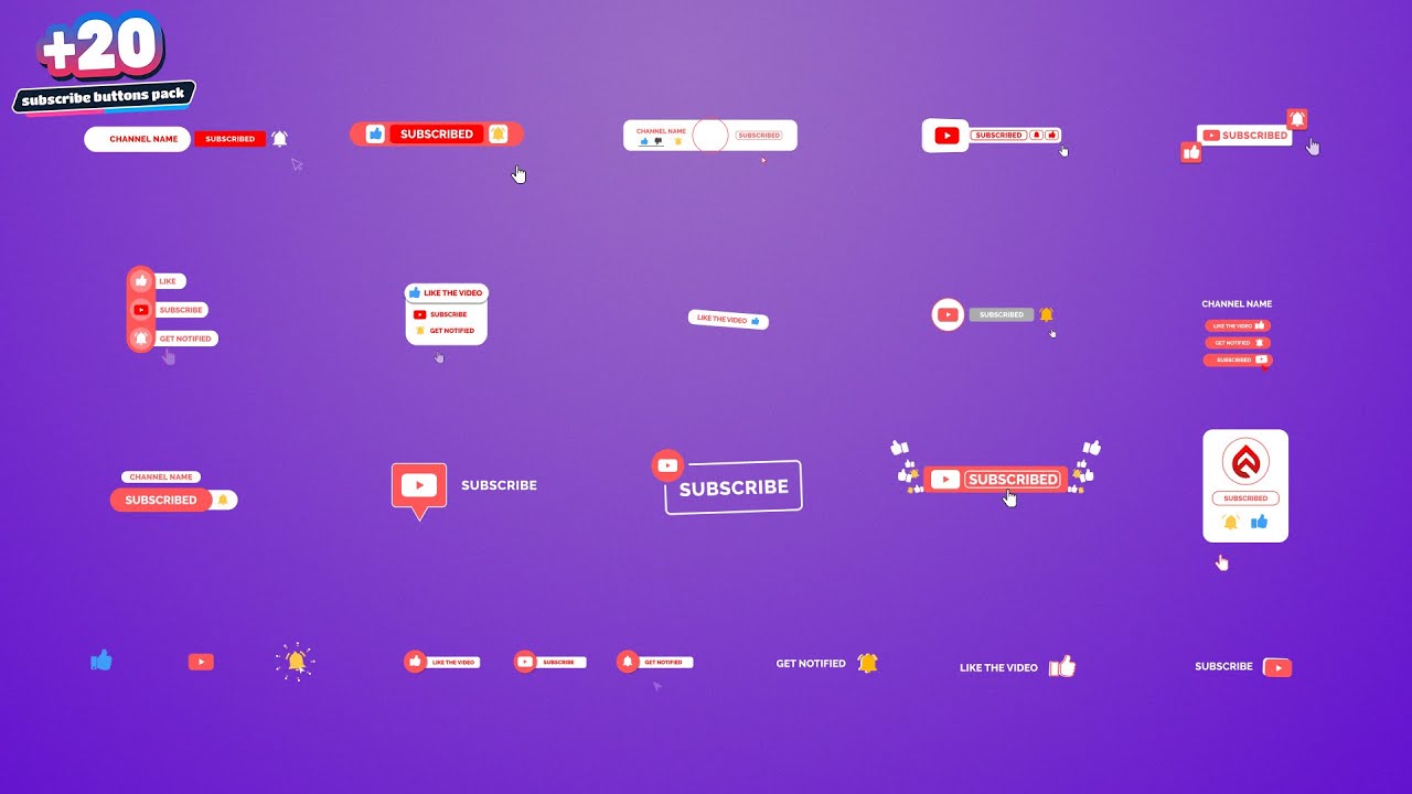 +20 Youtube Subscribe buttons Pack for Any Software - After Effects - Green Screen - Free Download