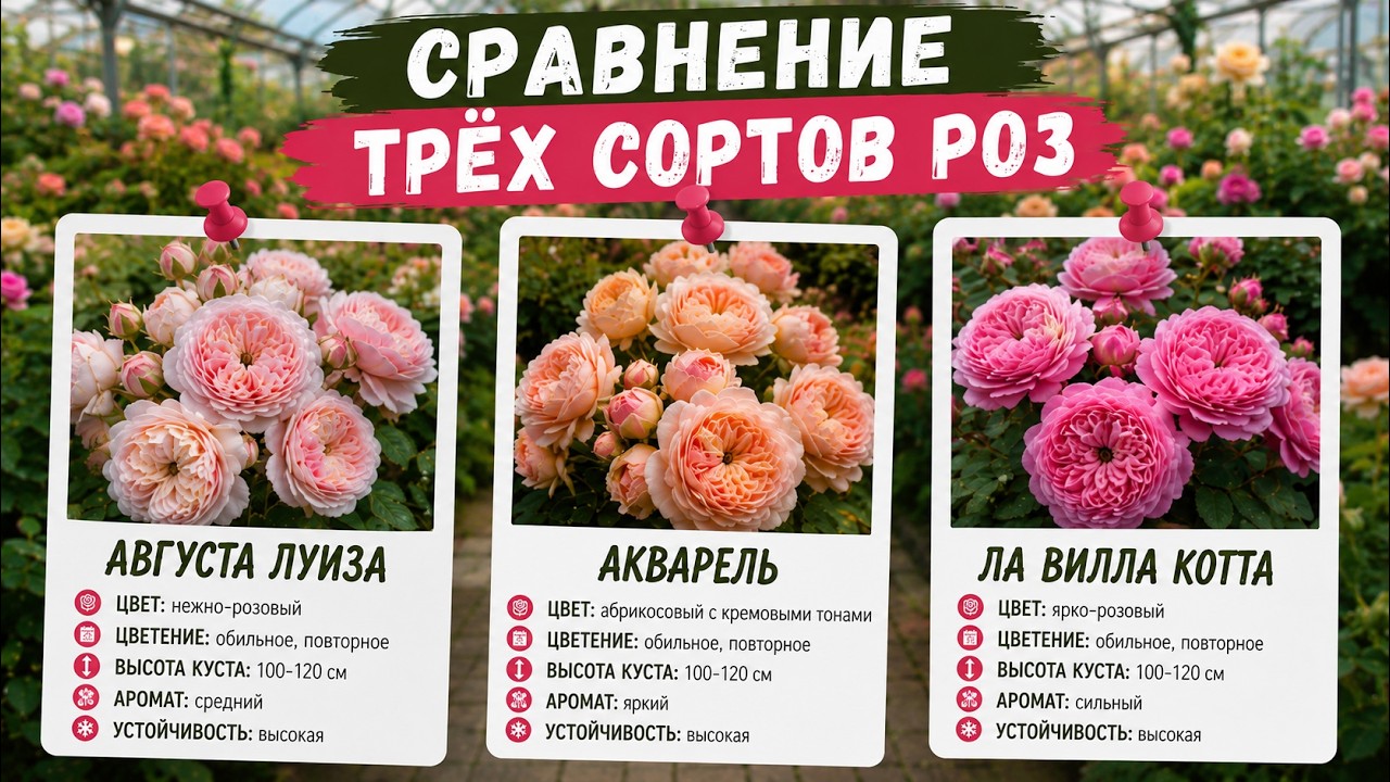 Сравнение трёх сортов роз.  Августа  Луиза, Акварель, Ла Вилла Котта.