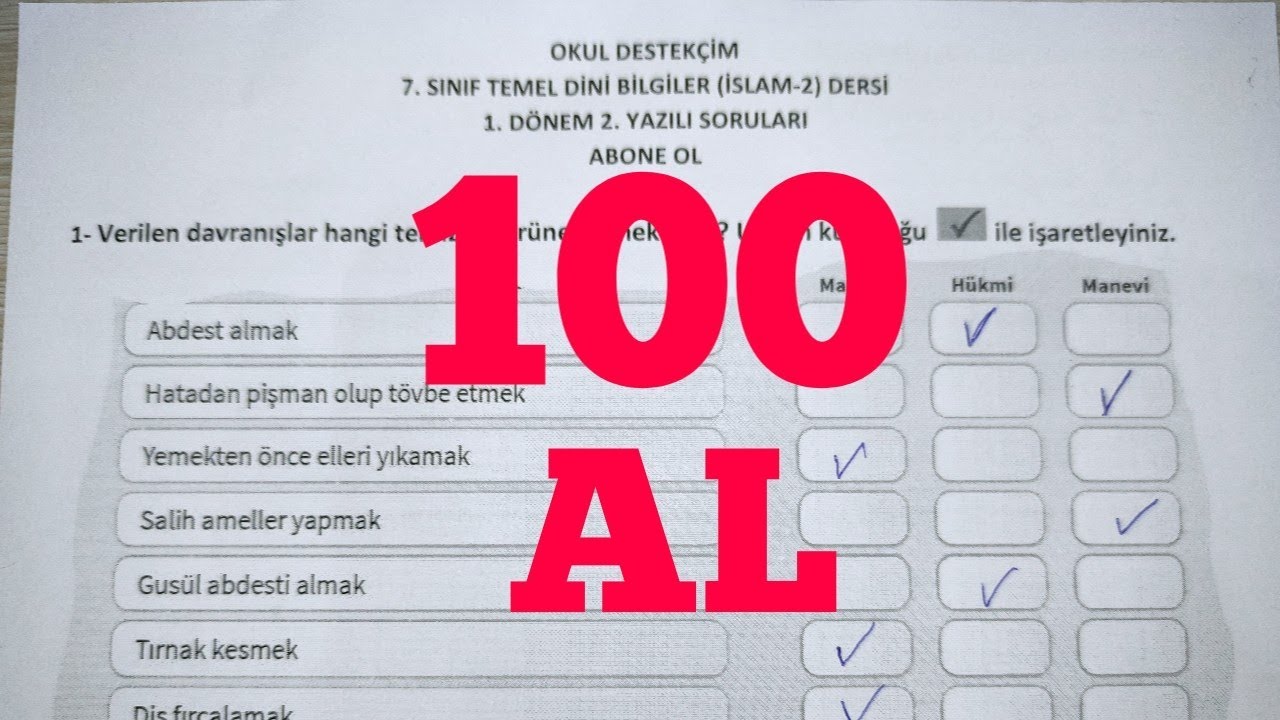7. Sınıf Temel Dini Bilgiler 1. Dönem 2. Yazılı