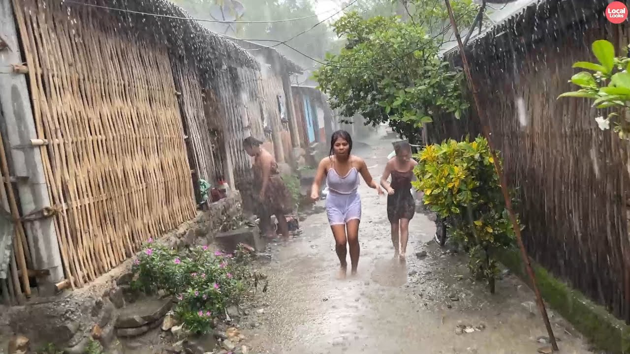 Crematory Zone-Heavy Downpour-Walking through Small Village in Rain