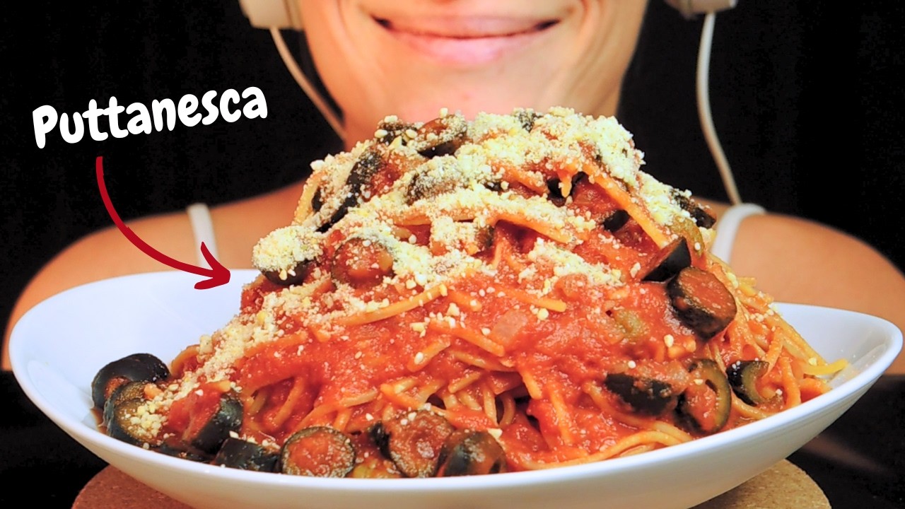 asmr Spaghetti Puttanesca mukbang (no talking eating sounds)