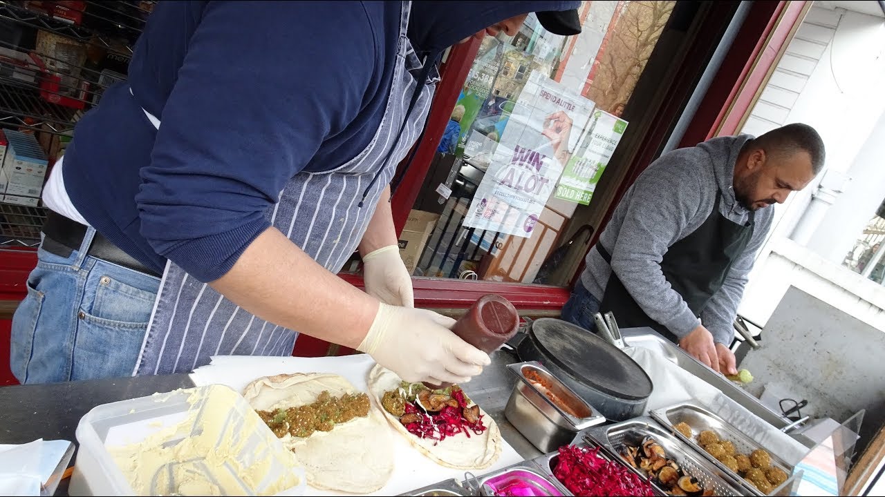 Yummy Falafel Sandwich Wraps - Middle Eastern Street Food in Primrose Hill at Sim Sim Stall, London.