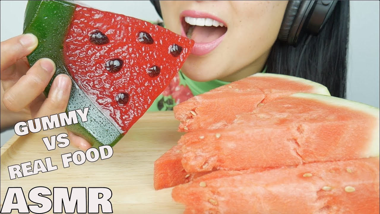 ASMR GUMMY vs. REAL FOOD *GIANT WATERMELON GUMMY (CRUNCHY CHEWY EATING SOUNDS) | SAS-ASMR