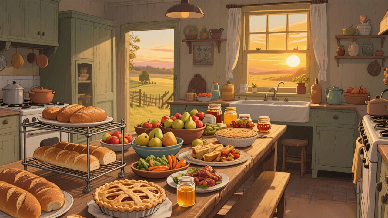 A Cozy 1950s Home Kitchen — Another Room Where Evening Light Warms the Old Stove
