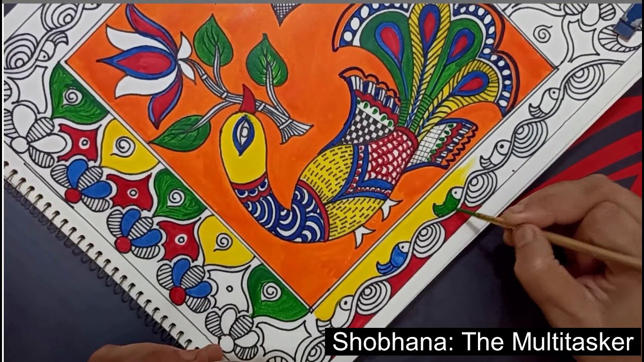 Madhubani Mithila Painting | Peacock with Lotus | Easy step by step Tutorial for beginners