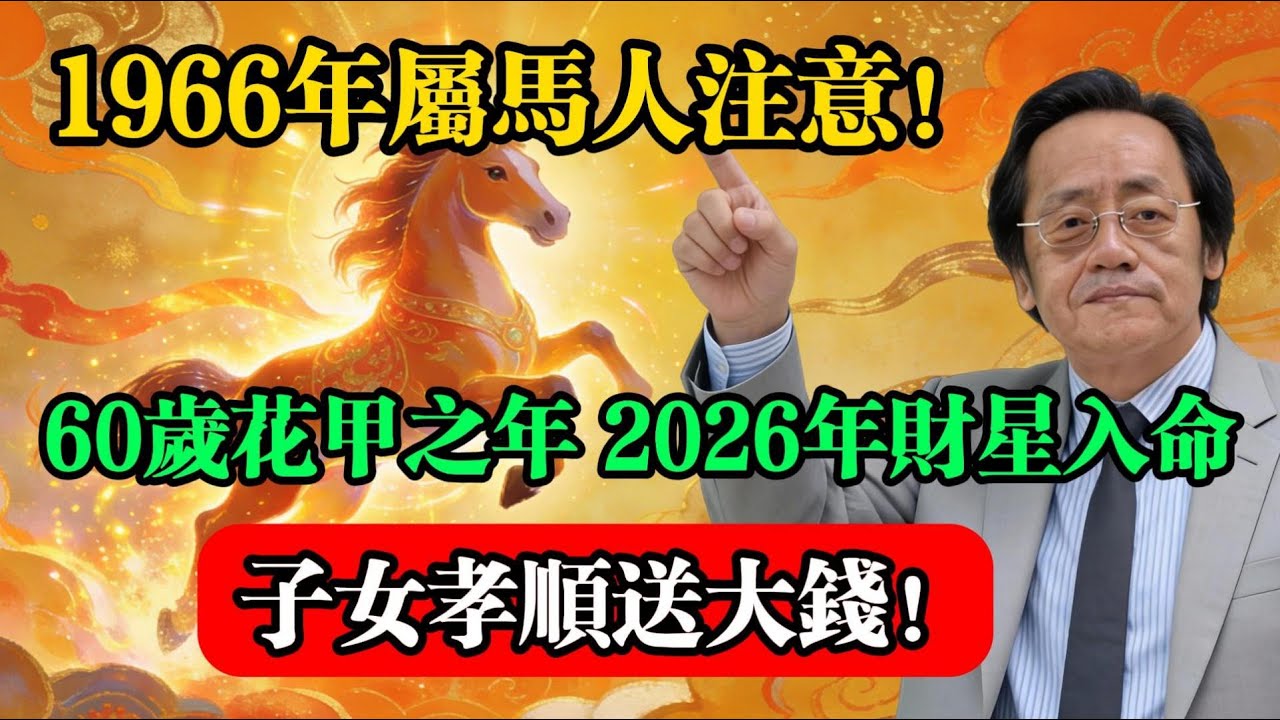 1966年屬馬人注意！60歲花甲之年，2026年財星入命，子女孝順送大錢！#屬馬運勢 #生肖馬 #倪海廈 #1966年生 #丙午年 #子女運 #台灣命理 #本命年 #命理解析