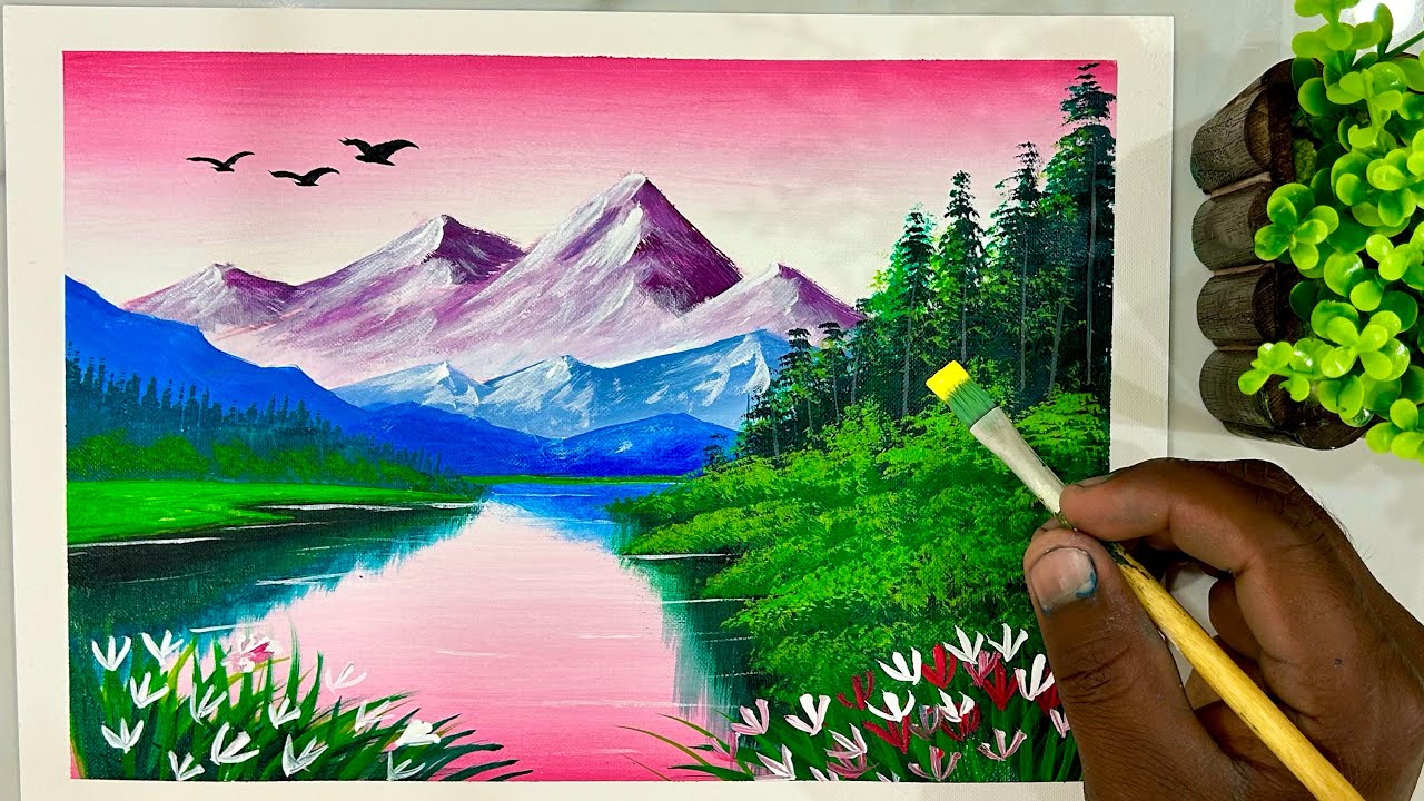 Beautiful nature painting/landscape painting for beginners/￼ acrylic drawing ￼